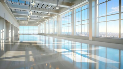 A bright dance hall with expansive windows and sleek flooring