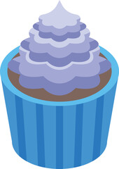 Delicious cupcake with blue wrapper and purple frosting is waiting for you