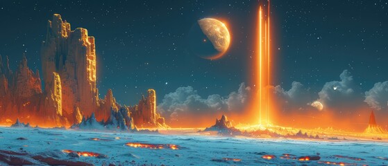 Naklejka premium Cosmic Glow: A Distant Planet's Fiery Landscape