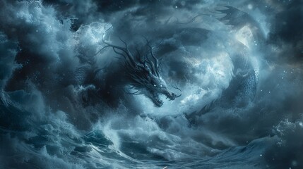 A Large Dragon Is in the Middle of a Stormy Ocean With Waves Crashing Around It - Generative AI