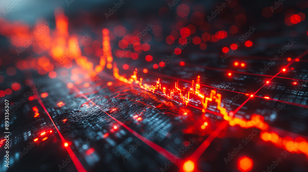 Poster a red and blue image of a graph with many lines and dots. the image has a futuristic and technologic