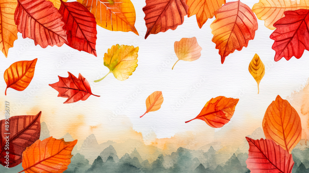 Canvas Prints Watercolor illustration Autumn leaves falling gently on a watercolor background of warm oranges and reds with a serene forest in the distance 