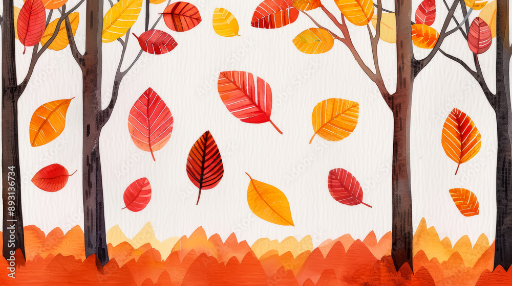 Canvas Prints Watercolor illustration Autumn leaves falling gently on a watercolor background of warm oranges and reds with a serene forest in the distance 