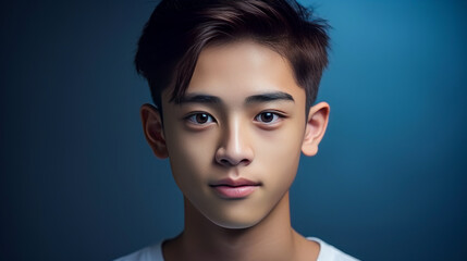 Fototapeta premium Portrait of a cute handsome happy Asian teenager guy with perfect skin, dark blue background, banner.
