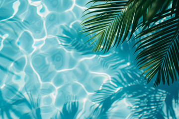 A blue water background with palm leaves and shadows in the pool, top view. summer vacation concept