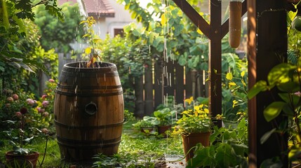 A rain barrel used in a sustainable garden during the afternoon with natural lighting, long shot