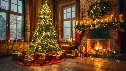 Fototapeta premium Christmas tree. Christmas interior, fireplace, gifts and happiness. 