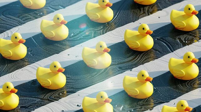 A group of yellow rubber toy ducks crossing a zebra cross. HD 4k video footage for desktop background.