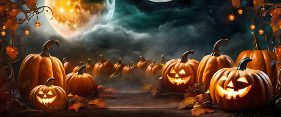 Numerous glowing jack-o'-lanterns arranged under a bright full moon in a foggy night setting, creating a spooky and festive Halloween atmosphere.