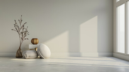 Minimalist apartment interiors in neutral colors, minimal decor and copy space. Serene interiors conceptual image for Real Estate ads.