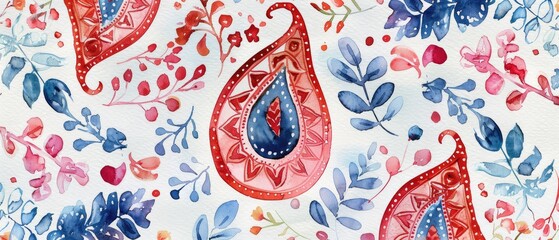 Watercolor Floral and Paisley Pattern in Red and Blue