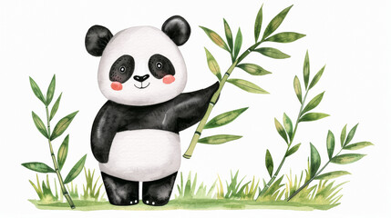 Watercolor illustration of a cheerful panda munching on bamboo on a white background 