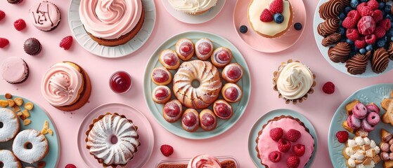 An elegant flat lay of a dessert spread on a pastel backdrop, including a mix of sweet treats like cakes, pastries, and cookies. The top view provides a visually appealing scene with sufficient space