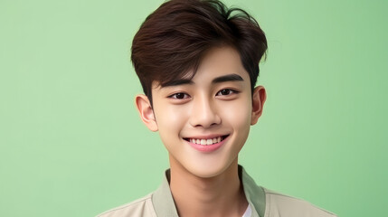 Fototapeta premium Portrait of a cute handsome happy Asian teenager guy with perfect skin, light green background, banner.