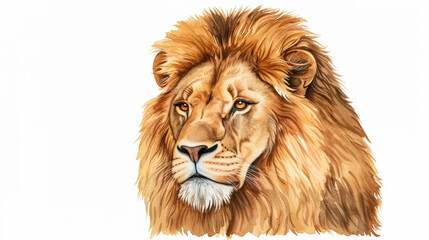 Fototapeta premium Watercolor illustration of a majestic lion with a flowing mane on a white background 