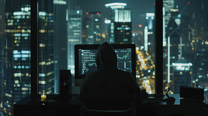 Naklejka premium Back Angle of Man in Hoodie Sitting at Desk with Bright Computer Screen Showing Marketing Dashboard and Financial Data, Overlooking Vibrant City View Through Spacious Window