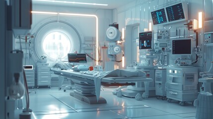 A Hospital Room With a Bed, Monitors and Medical Equipment in the Background - Generative AI