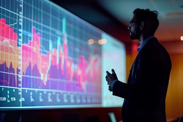 Financial Analyst Presenting Stock Market Trends on Large Screen