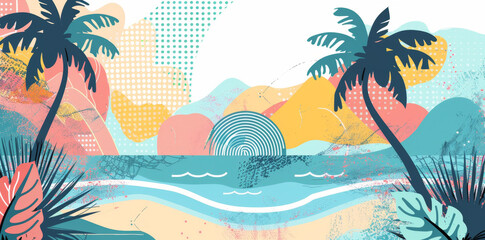 Abstract tropical summer background with beach and palm trees in the style of bold colors