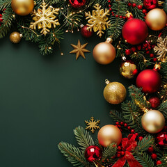 Christmas header banner with red and gold decorations. Tree, ornaments, and tinsel on a green background. Perfect for website templates.