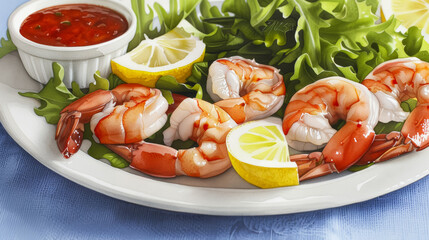 Watercolor painting of a seafood dinner featuring grilled shrimp lemon slices and a side salad light and summery tones