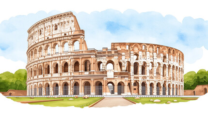 Watercolor painting of the Colosseum in Rome ancient and grand isolated on white background 
