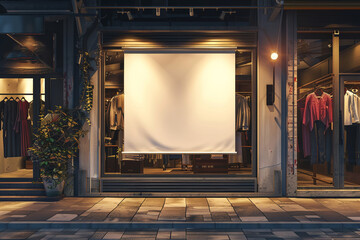 Mockup Blank billboard stand at front of entrance door of clothes shop, to convey promotional messages and seasonal.