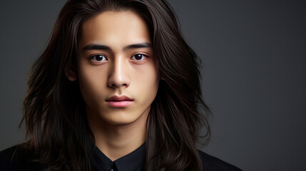 Fototapeta premium Portrait of a cute handsome happy Asian teenager guy with long hair and perfect skin, gray background, banner.