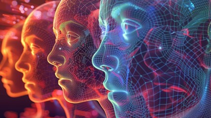 Naklejka premium human heads, man using artificial intelligence (AI) , machine learning, connectivity concept