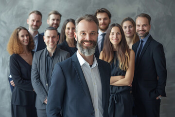 Fototapeta premium A group of people are smiling and posing for a photo. Happy work team employees group looking at camera posing in office.