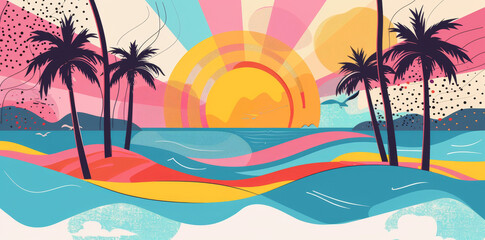 Abstract tropical summer background with palm trees, sea and beach in the style of Memphis illustration