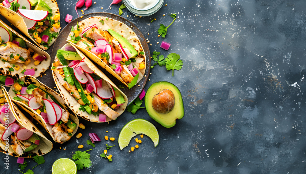 Poster Healthy mexican corn tacos with boiled chicken breast, avocado and watermelon radish and yogurt dressing. Flat lay. Top view