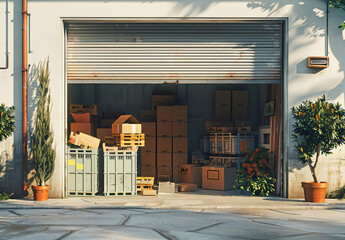Storage Unit with Cardboard Boxes and Crates.