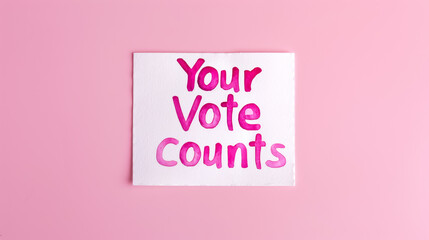 Watercolor text Your Vote Counts isolated on a solid pastel pink background 