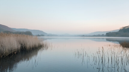 Fototapeta premium Serene Lakeside at Dawn with Shimmering Reflections and Distant Hills
