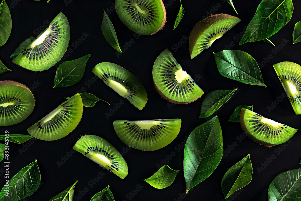 Sticker fresh kiwi slices and leaves on black background.