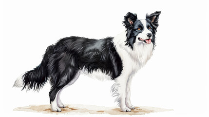 watercolor illustration of a border collie isolated on a white background 