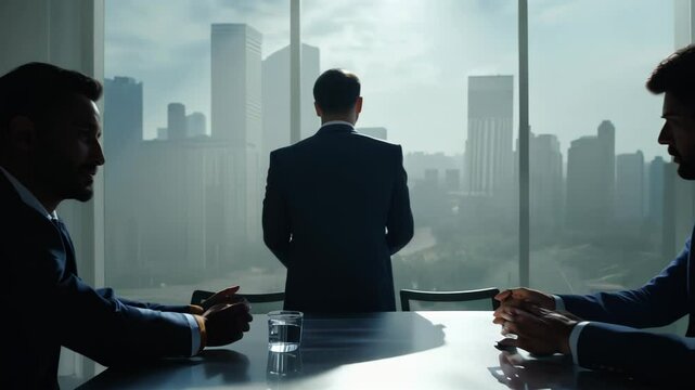 Wide shot: Businessmen in suits stand before expansive windows. Static camera behind them, capturing silhouettes against hazy cityscape. Moody atmosphere conveys power, contemplation, urban ambition.	