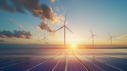 wind turbines and solar panels silhouetted against a vibrant sunset, symbolizing the harmonious blend of renewable energy sources and a sustainable future