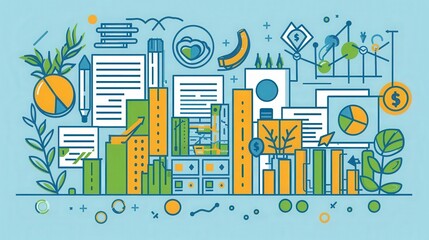 Obraz premium Colorful illustration of business elements including graphs, buildings, and documents representing growth and analysis.