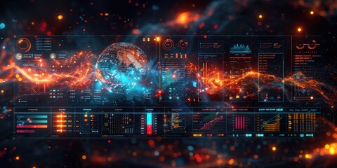Fototapeta premium A futuristic visualization of financial data with glowing charts and graphs, representing digital economy and analytics.