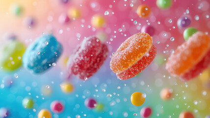 Colorful Flying Candies on Rainbow Background