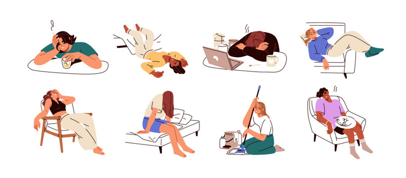 Tired fatigue people set. Exhausted sleepy lazy overworked characters with low energy, tiredness, exhaustion. Apathy, weakness, burnout concept. Flat vector illustration isolated on white background