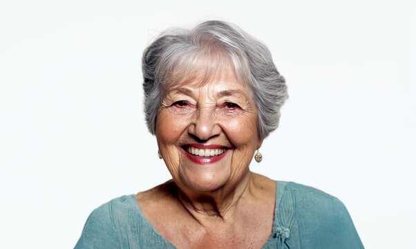 Headshot portrait video of a grinning woman in her 80s that is placed against a white background