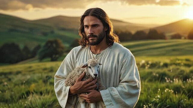 close up of Jesus Crist holding a lamb  -- 4k  stock video footage AI	