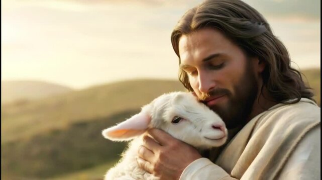 close up of Jesus Crist holding a lamb and smiling -- 4k  stock video footage AI	