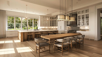 Modern Kitchen Dining Area with Large Windows and Wooden Table