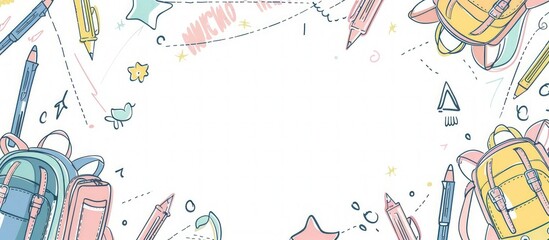 Naklejka premium Minimalist school background with colorful doodle of backpack and pens.