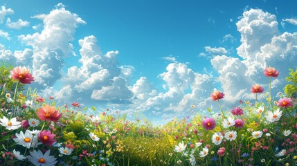 Obraz premium Beautiful meadow with blooming flowers on a green field with grass against a blue sky with sun in a natural park under the summer sun. Field of colored daisies under a blue sky with clouds