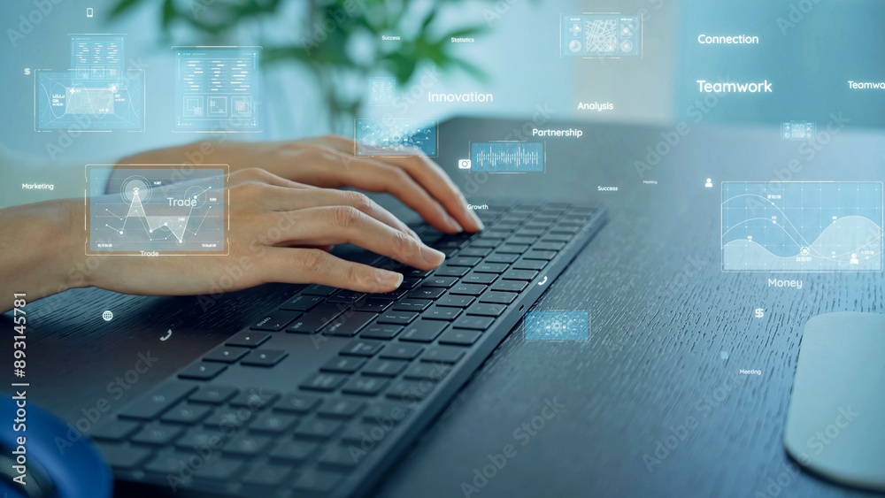 Aufkleber a woman using computer in office and digital technology concept.